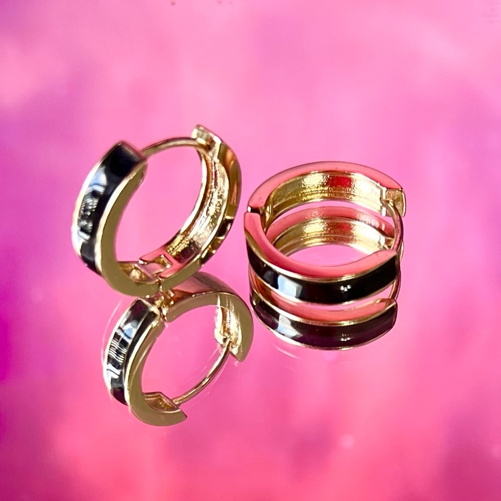 Gold and black enamel hoop earrings